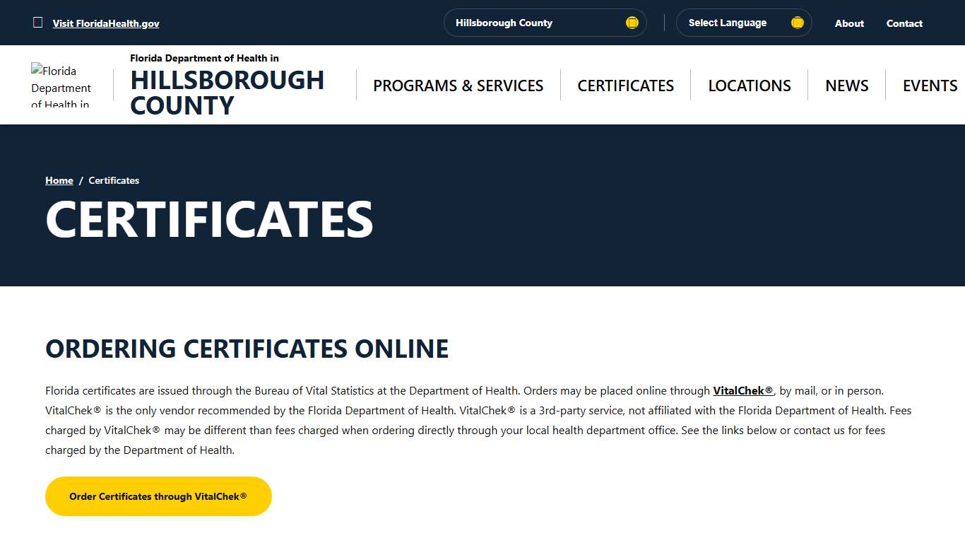 Certificates - Florida Department of Health in Hillsborough County